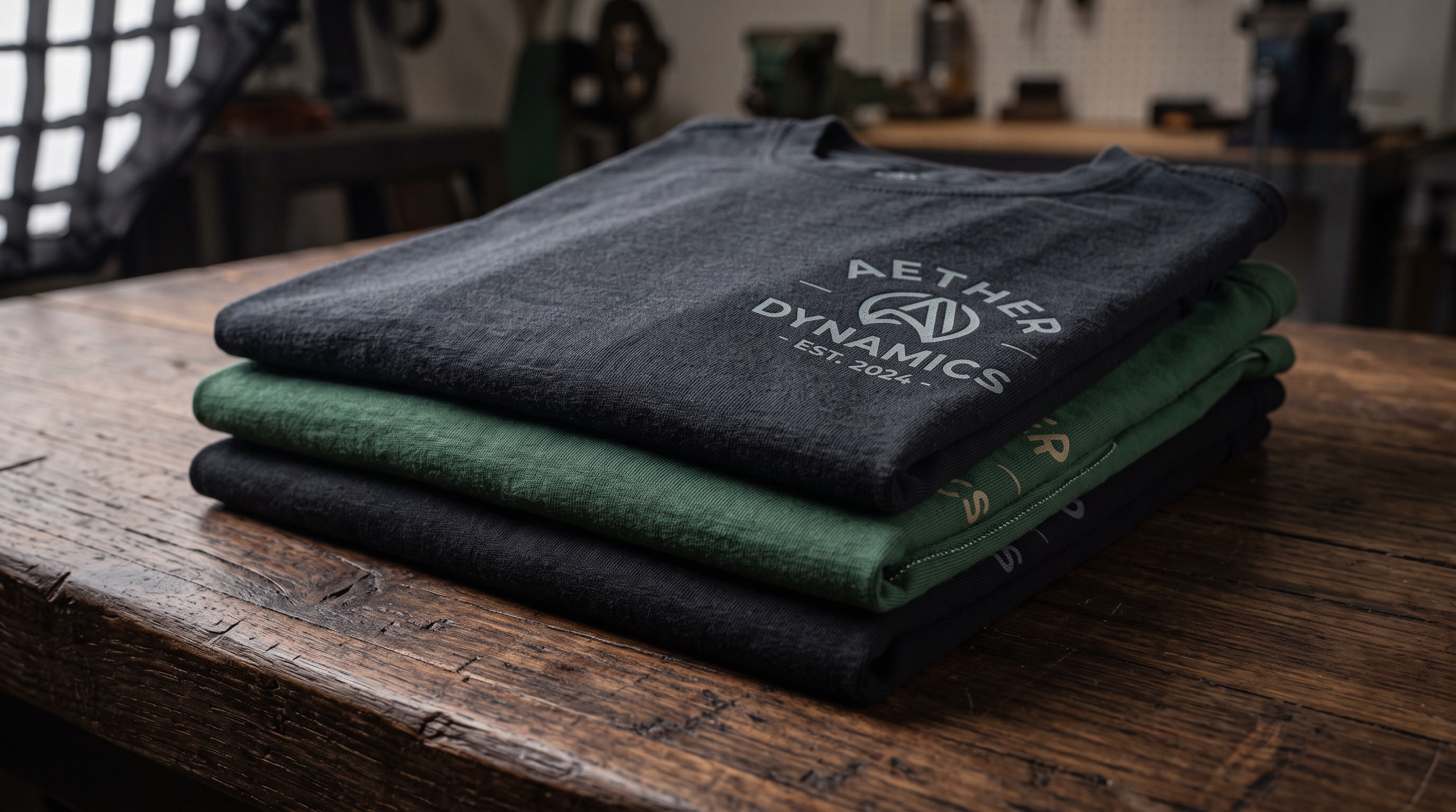Three stacked screen-printed Foundry Print and Promo t-shirts in black, charcoal, and forest green on a dark wood workbench