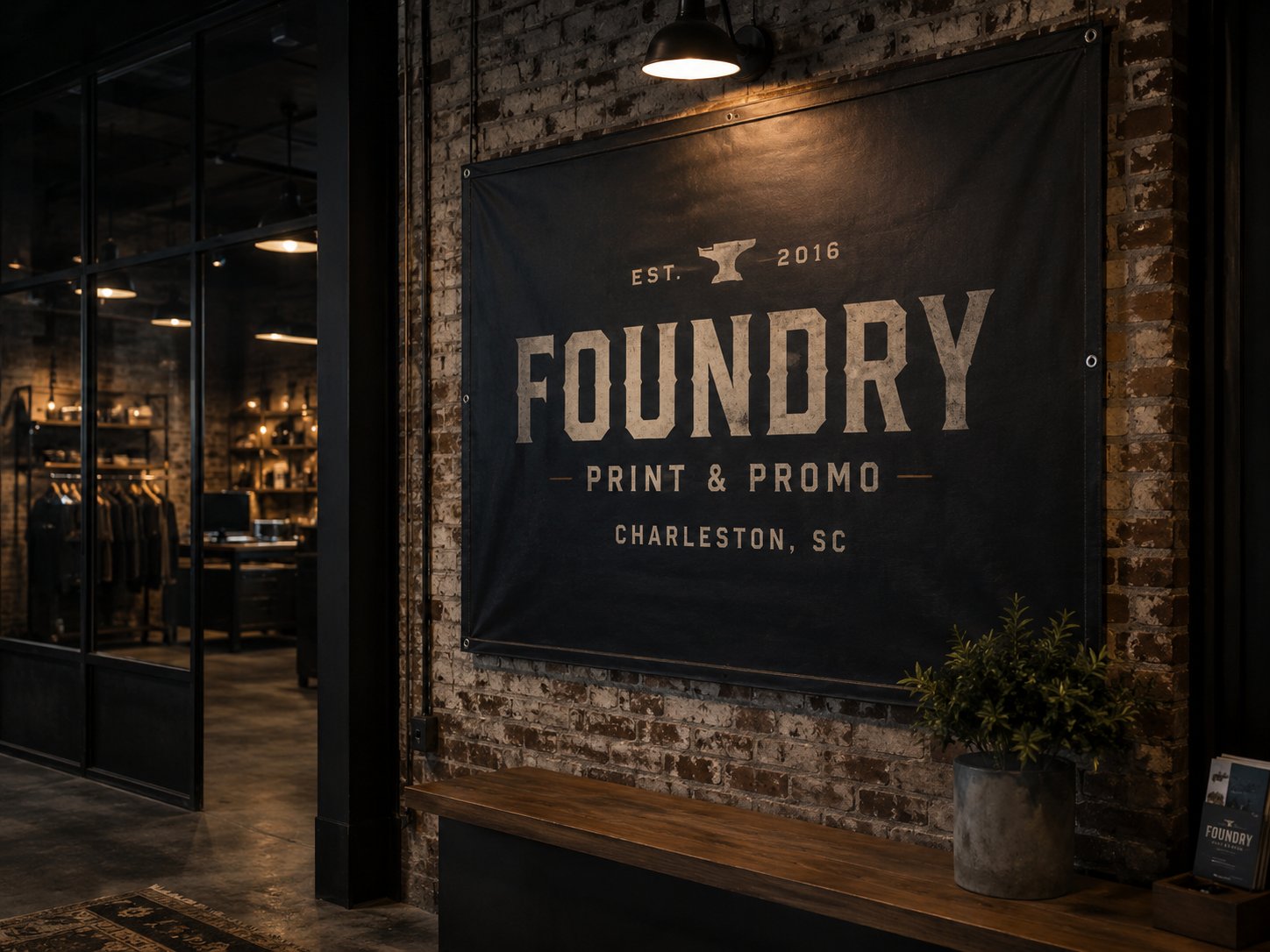 Foundry Print and Promo showroom entrance — brand banner on exposed brick wall, Charleston SC, with product-filled showroom visible through glass doors