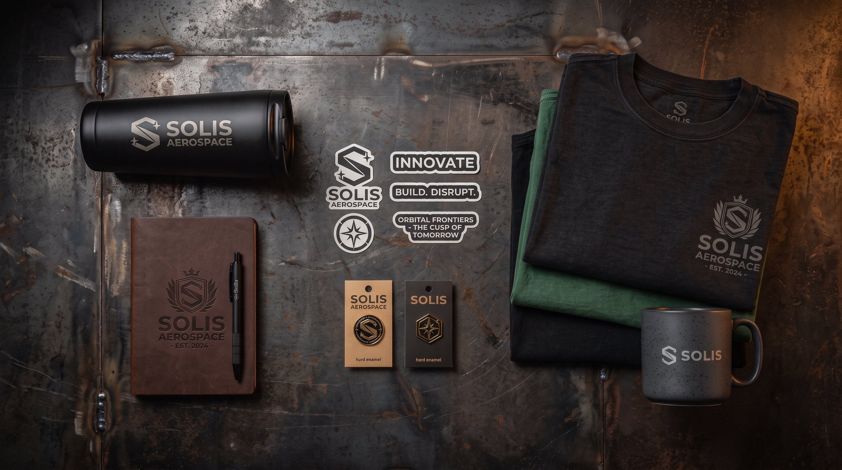 Foundry Print and Promo branded merchandise flat lay — apparel, drinkware, packaging, and printed goods