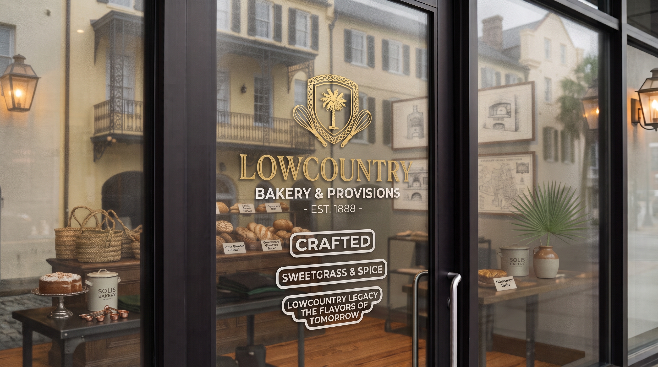 Foundry Print and Promo window decal on a Charleston storefront — white vinyl logo with downtown street reflection