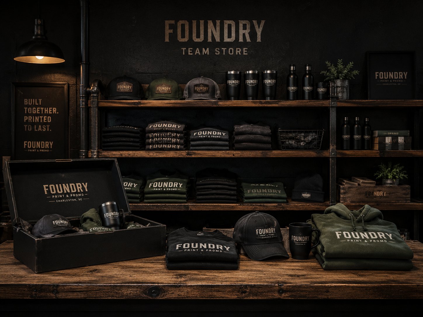 Foundry Print and Promo team store display with branded apparel, hats, and drinkware on industrial shelving