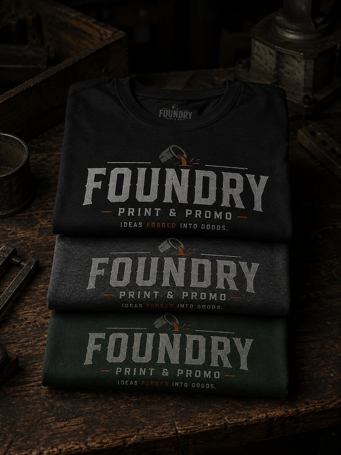 Three folded Foundry Print and Promo screen-printed shirts stacked on a dark wood workbench — black, charcoal, and forest green