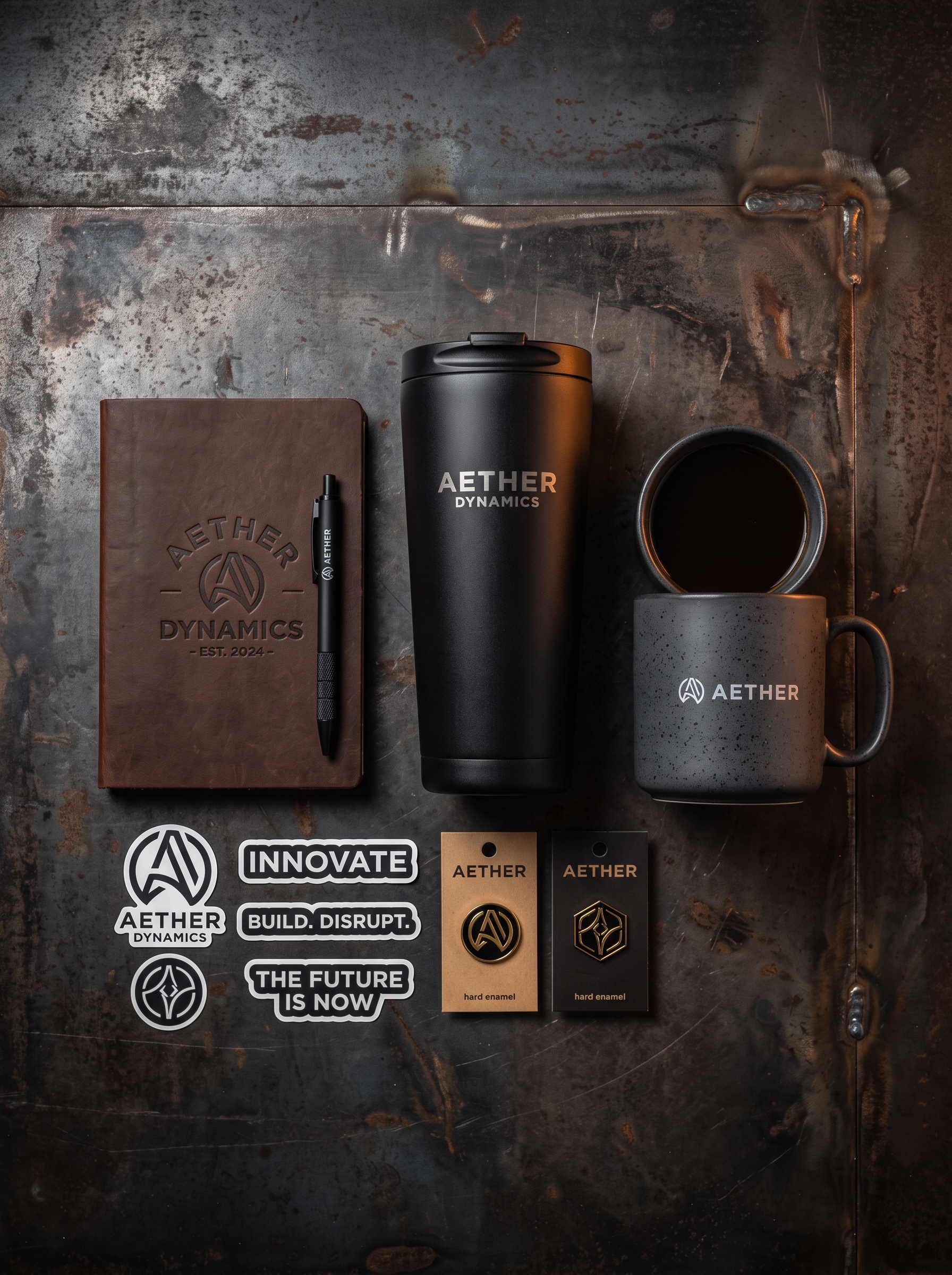 Foundry Print and Promo branded merchandise flat lay — apparel, drinkware, packaging, patches, and printed collateral