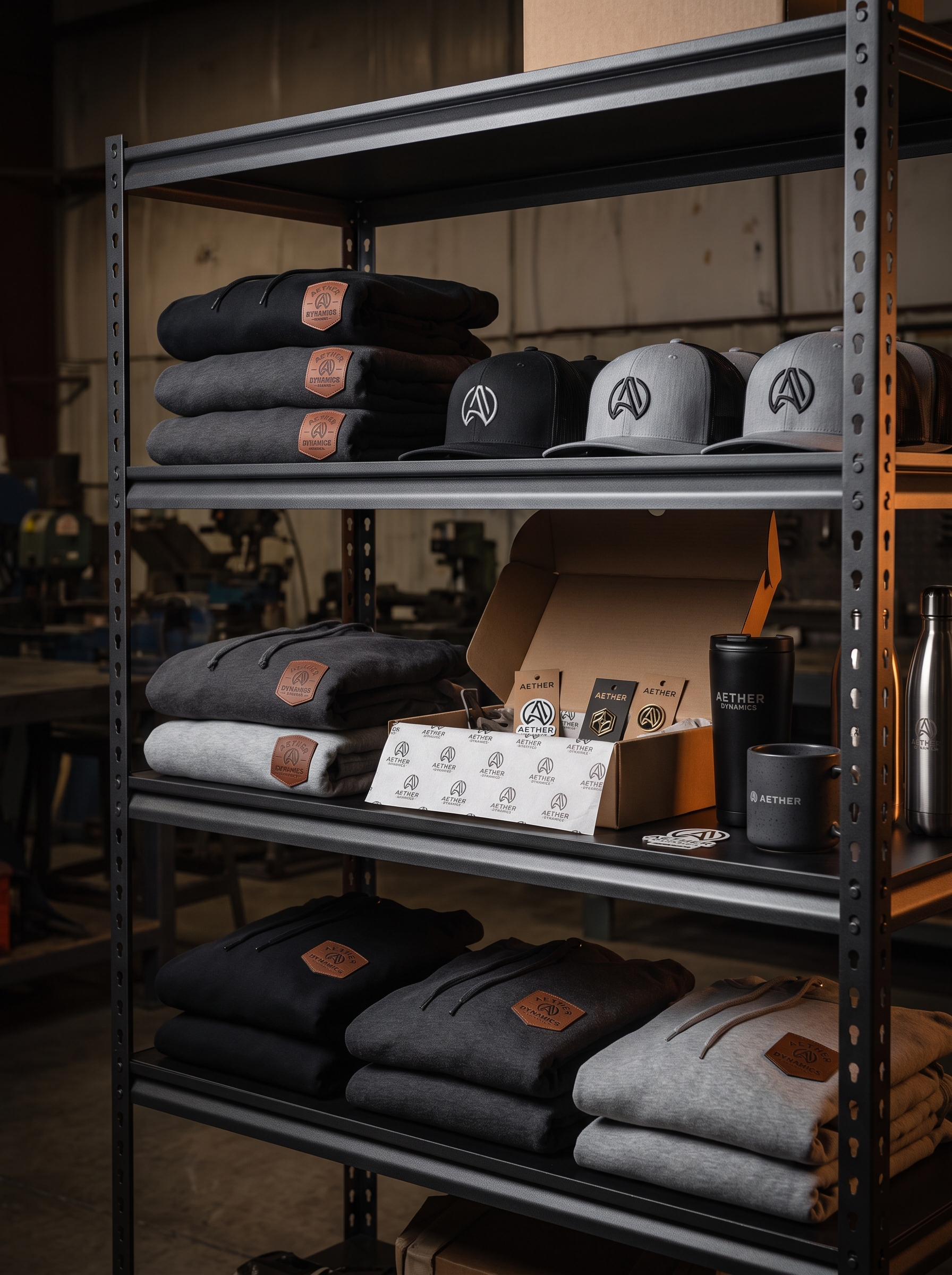 Foundry Print and Promo team store — shelves of branded hats, folded shirts, drinkware, and a branded kit box